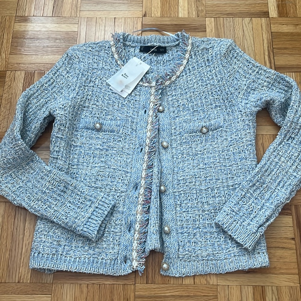 NWT Mango Blue Tweed Cardigan Jacket with Pearl Buttons Size S
